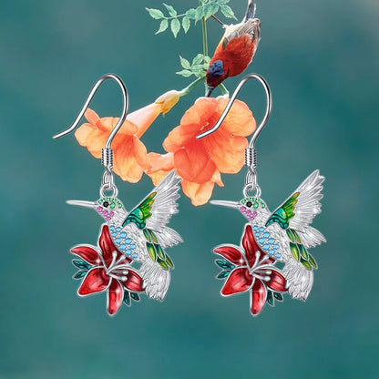 Silver Hummingbird Diamond Pendant Earrings with water droplet design, Korean-style jewelry