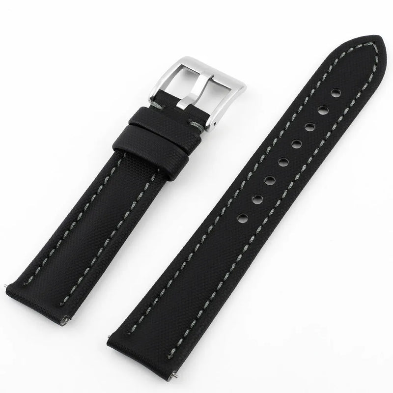 Oxford Water-Repellent Cloth Leather Watch Strap in 18mm to 22mm Widths, Eight Colour Options Including Black, Blue, Green, Grey and Beige, Two-Tone Stitched Lines