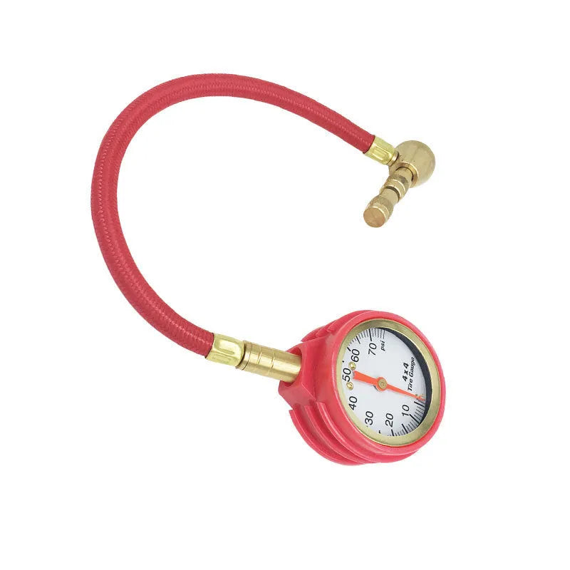 Red and black mechanical automobile tyre pressure gauge with metal body and rubber shell.