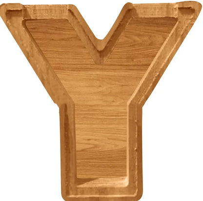 Handmade wooden letter piggy bank with personalised initial, showing 15cm height and 5cm coin slot for UK coins