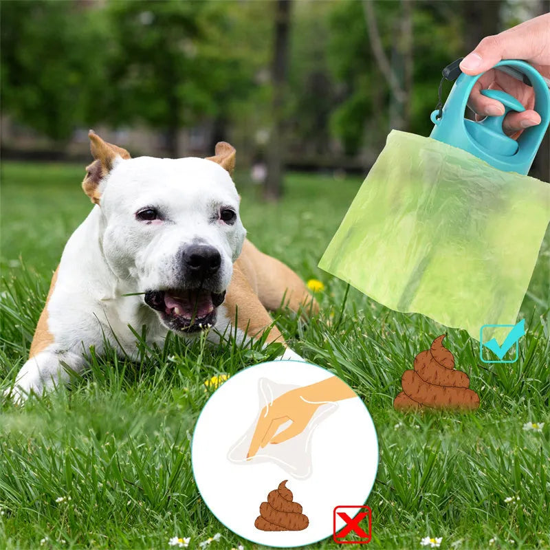 Blue portable plastic dog pooper scooper with eight-claw shovel and built-in bag dispenser