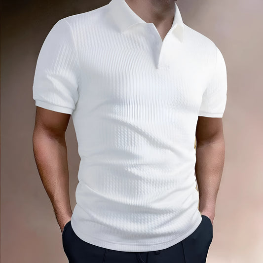 Man wearing a striped loose-fit polo shirt in light blue, showing short sleeves and asymmetric detail.