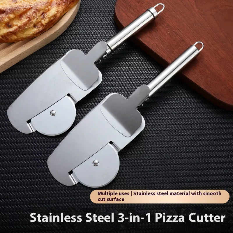 3-in-1 stainless steel pizza cutter with hanging holes for easy storage