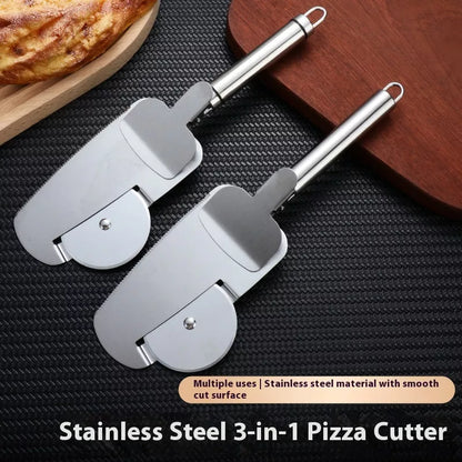 3-in-1 stainless steel pizza cutter with hanging holes for easy storage