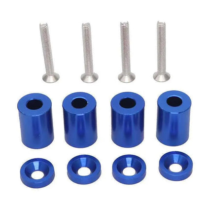 Aluminium alloy machine cover height spacer kit with screws, nuts, washers in red, blue, black.