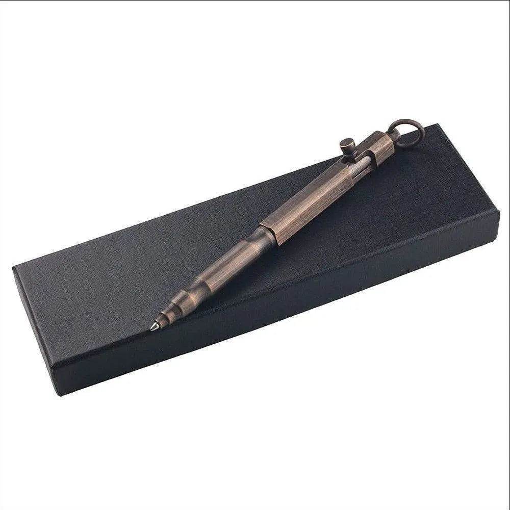 Brass tactical pen with hexagonal bolt design showing natural brass colour option