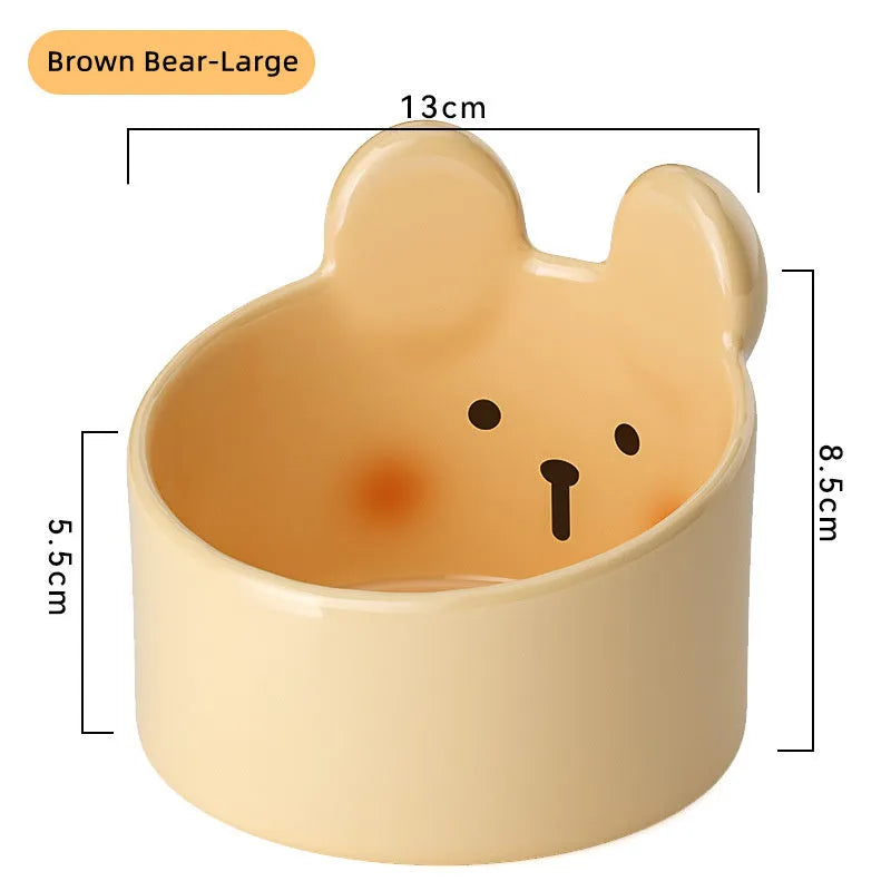 Ceramic pet feeding bowls with neck protection in white and brown animal designs
