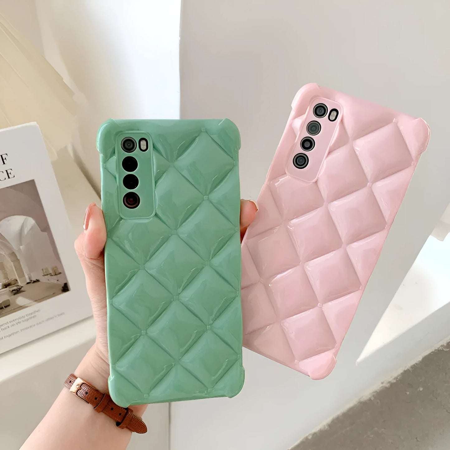 Silicone diamond phone case for Huawei models in black, green, pink and white
