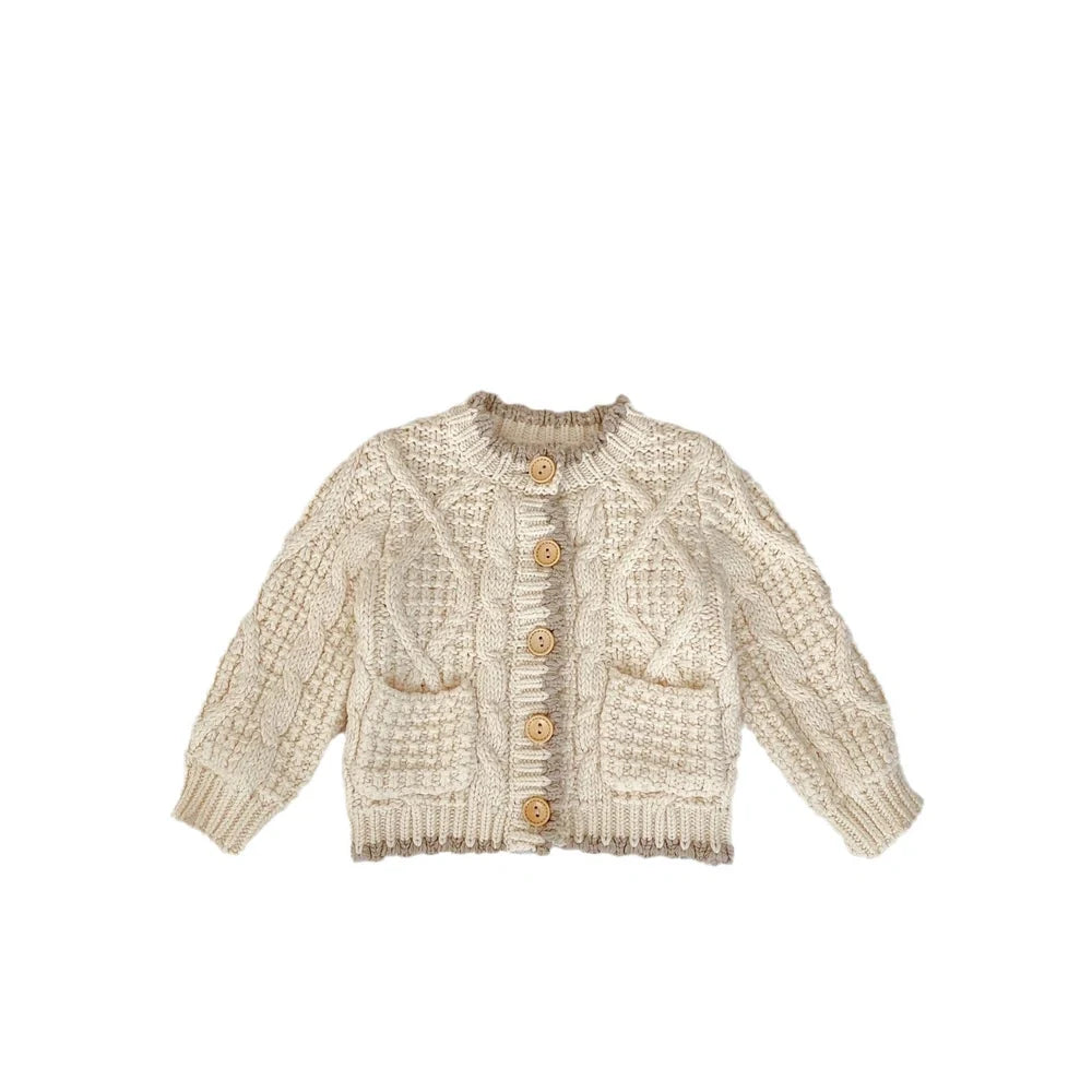 Girls' apricot white cotton knitted coat with round neck, shown in various height sizes from 66cm to 100cm