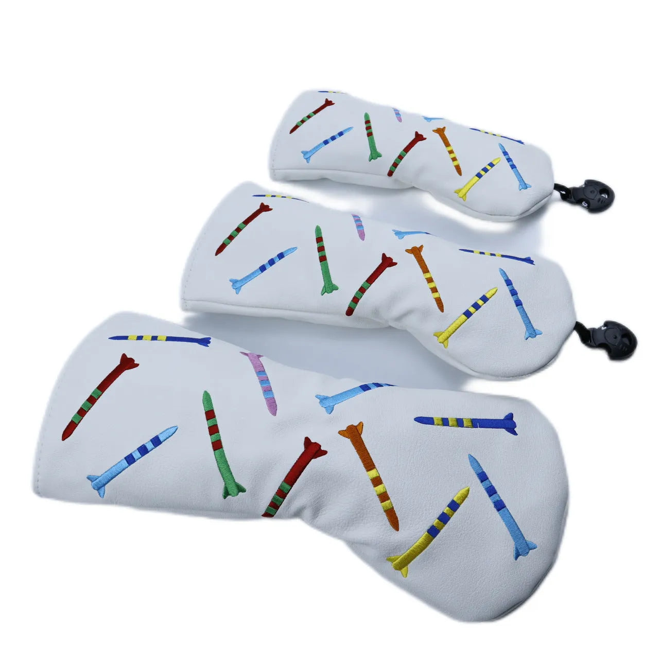 Golf club wooden pole sets in black and white colours, showing large, medium, and small size options with PU material construction