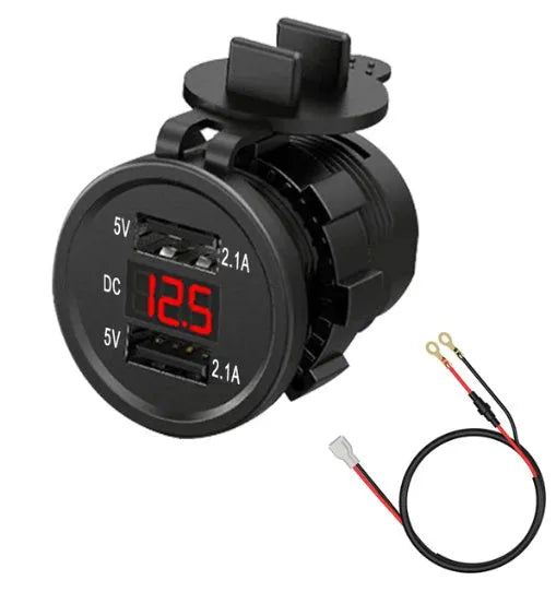 Motorcycle waterproof car charger with USB fast charging port and LED indicator lights