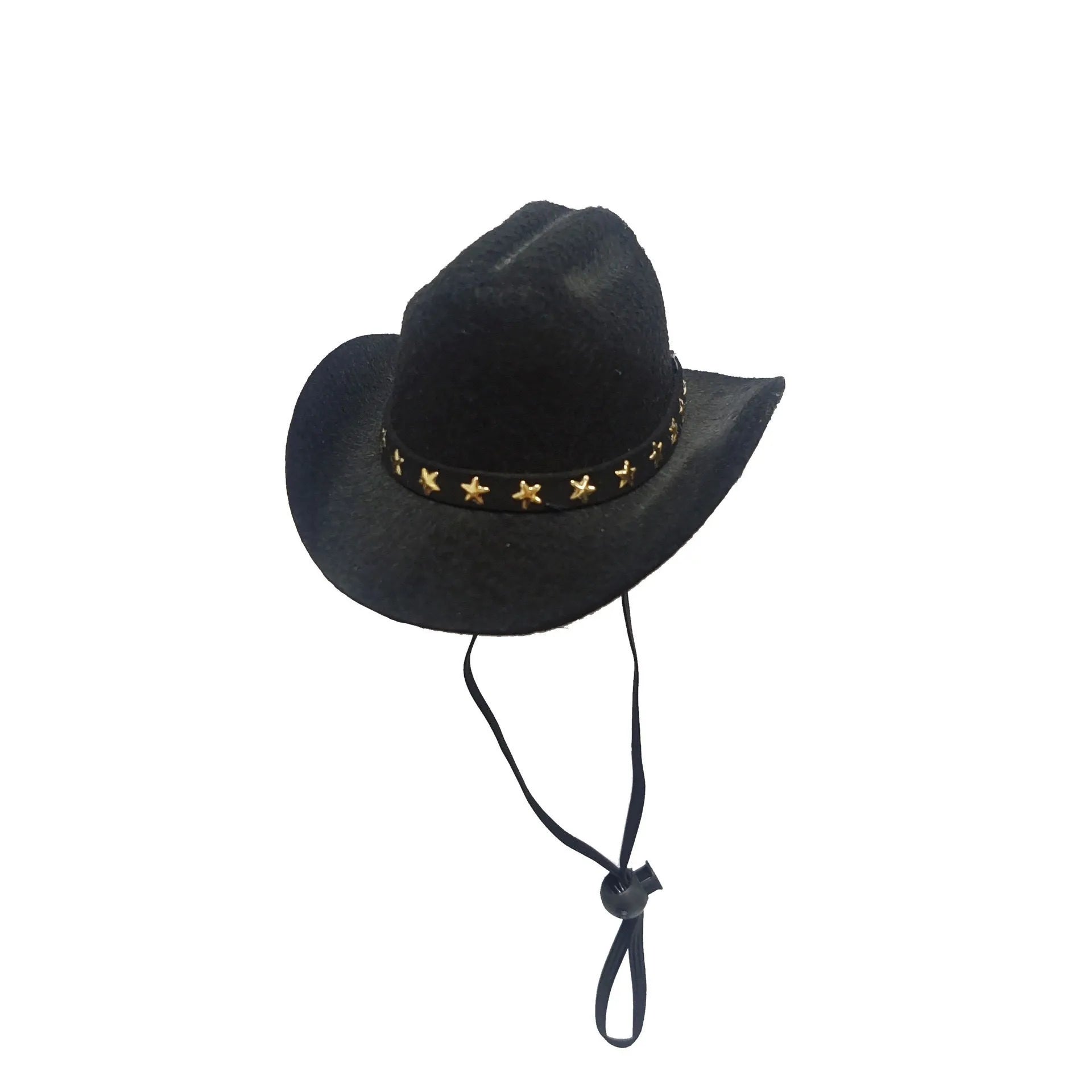A black pet cowboy hat with a white star on the front, shown with its adjustable elastic strap.