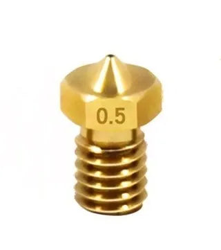 Brass 3D printer nozzle with M6 thread showing different outlet aperture sizes on a white background.
