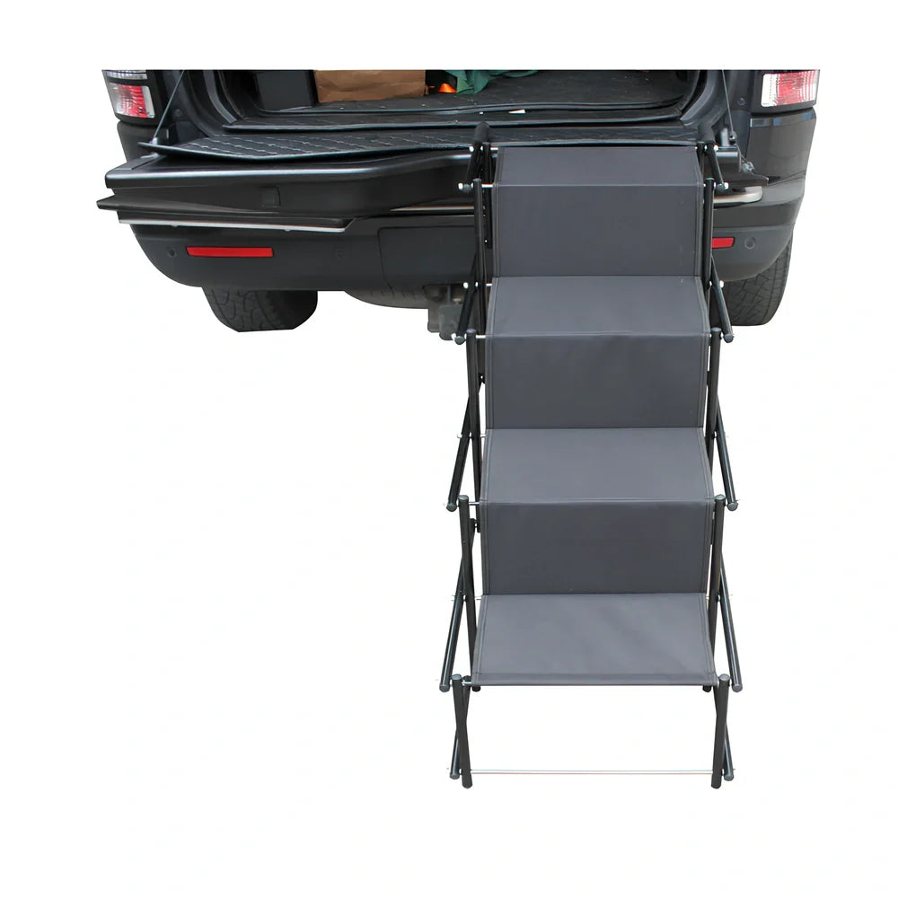 Black folding pet car steps with steel frame and Oxford cloth steps, folded to 101x76x45cm