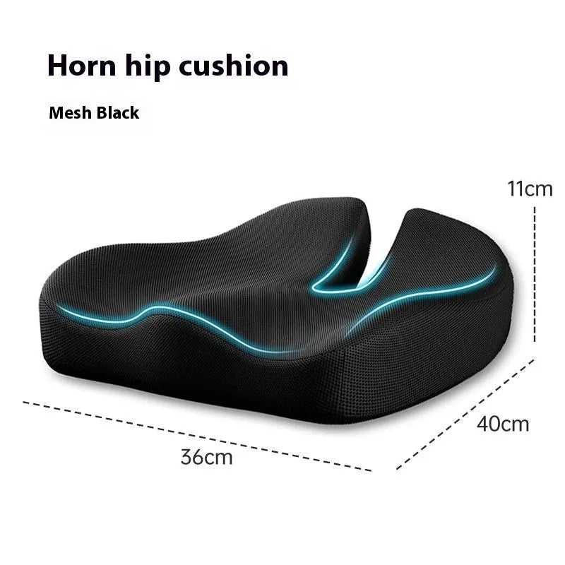 Memory foam office chair cushion with contoured waist support measuring 36x40x11cm in dark grey