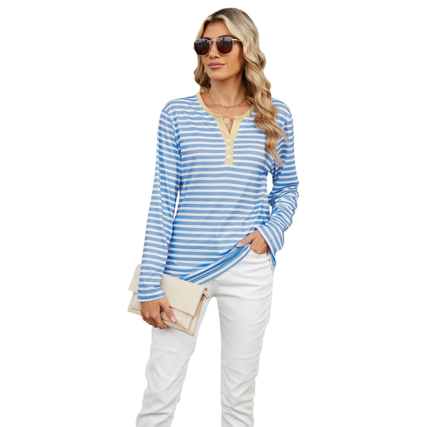 Stylish striped long-sleeve V-neck top for women in various color options