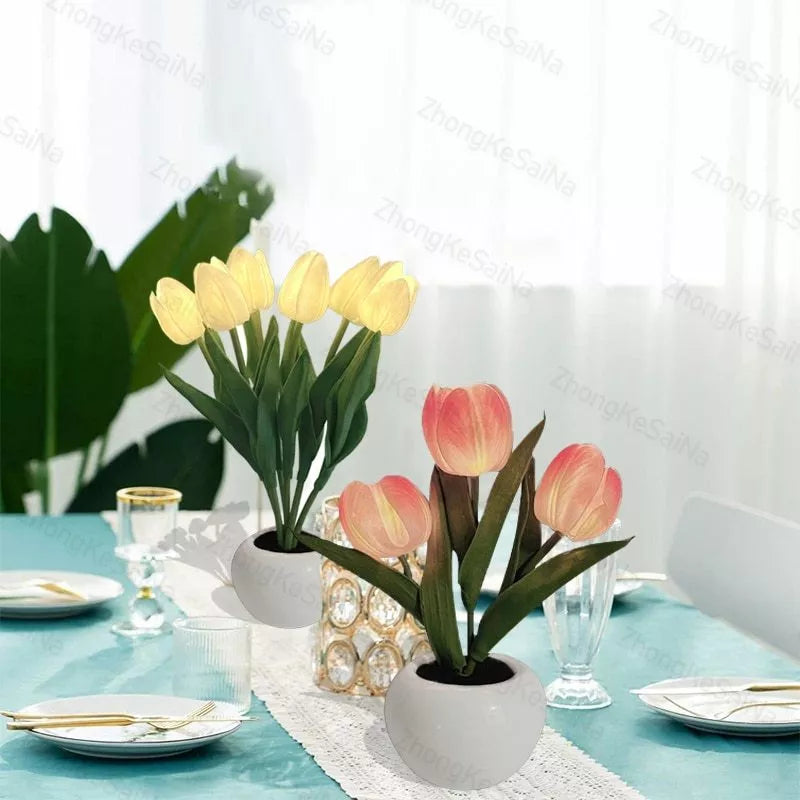 LED Tulip Night Light in ceramic pot with warm glow for home decoration