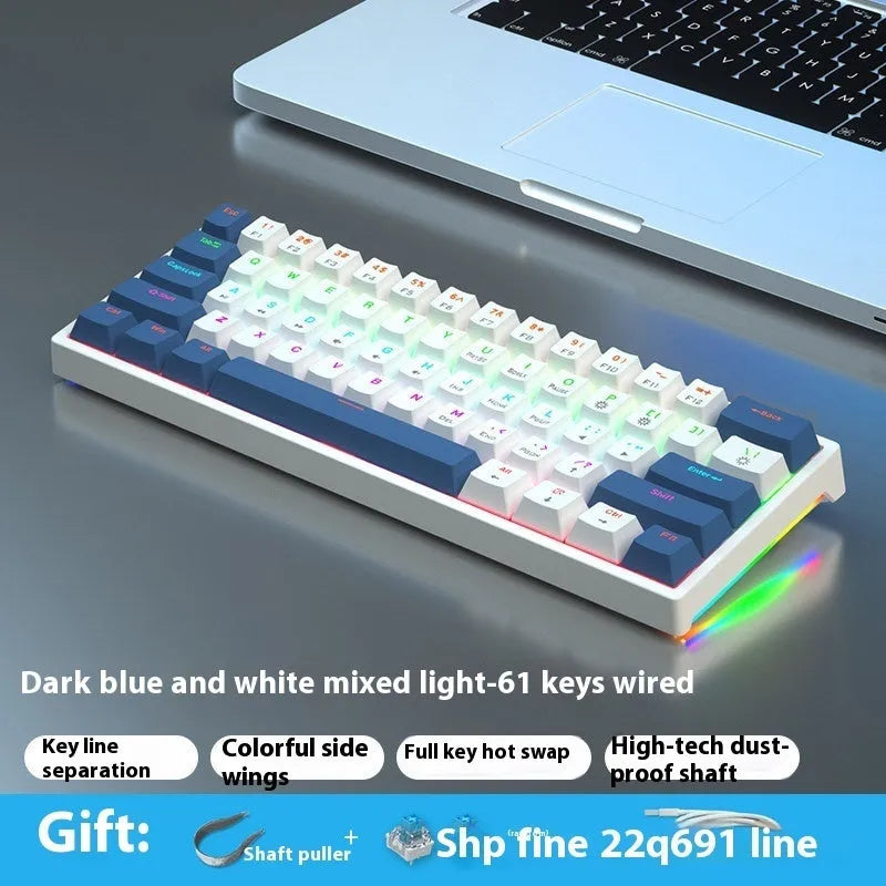 Small white 61-key mechanical keyboard with hot-swappable sockets and a black USB cable.