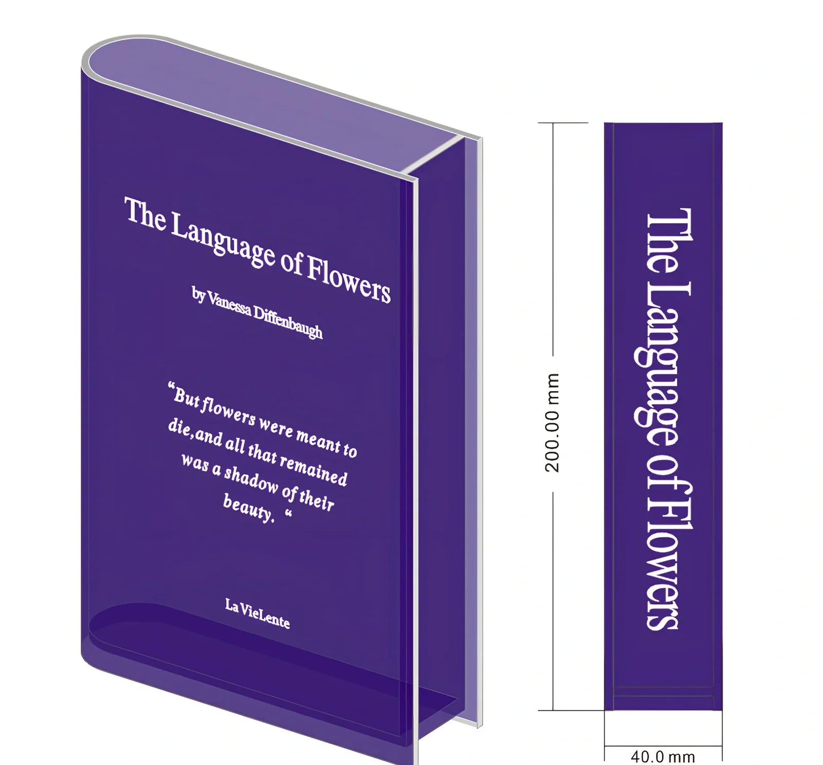 Transparent book-shaped acrylic vase, 22cm long with black font, refracting sunlight for home decor