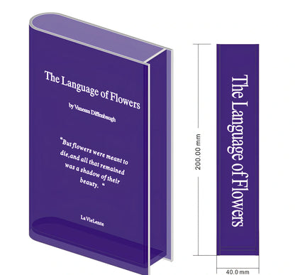 Transparent book-shaped acrylic vase, 22cm long with black font, refracting sunlight for home decor