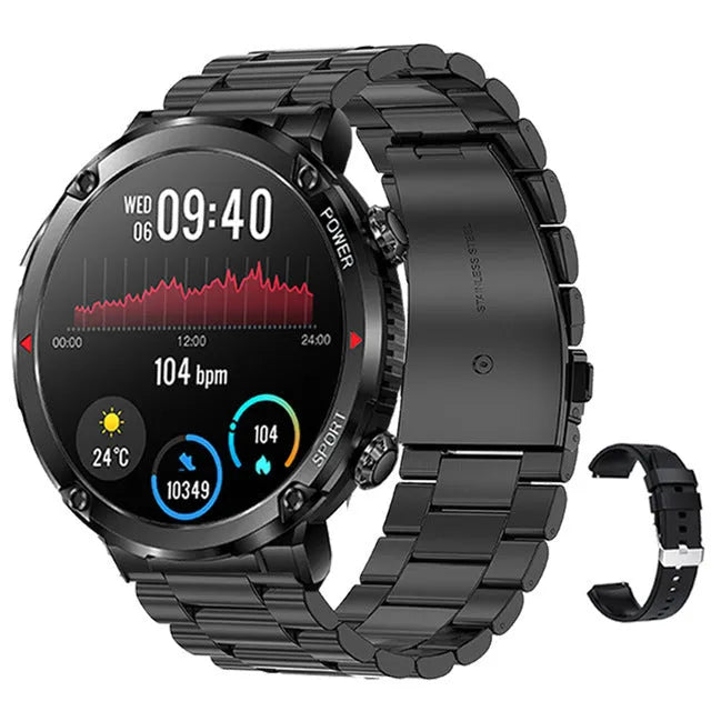 T30 Smart Watch with black silicone strap on wrist, showing IPS touchscreen displaying time and health metrics