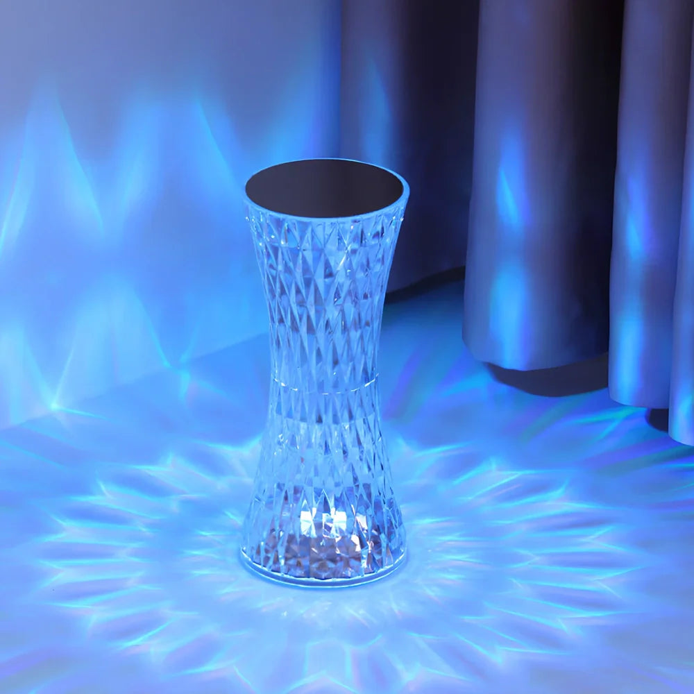 Crystal waist table lamp with faceted acrylic design showing RGB colourful lighting effects