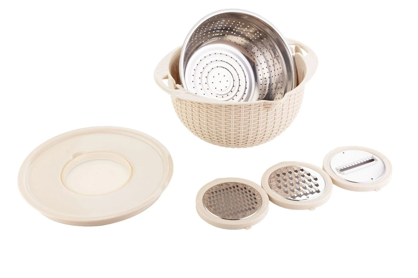 Versatile 4-in-1 Fruit and Veggie Prep Station with Rotating Colander, Slicing Blades, and Stylish Nordic-Inspired Colors