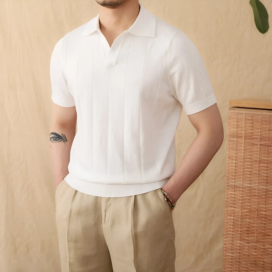 Cotton and linen knitted short sleeve polo top with seagull collar and sunken stripe pattern