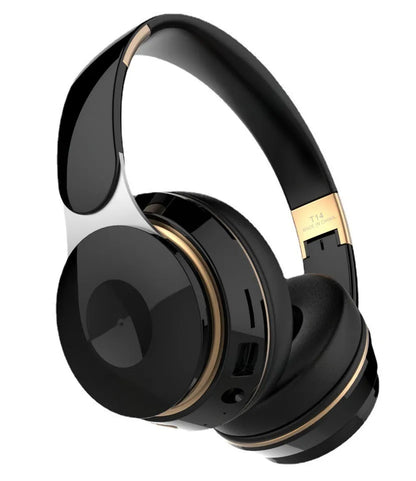 Foldable wireless Bluetooth headset in various colours showing head-mounted design