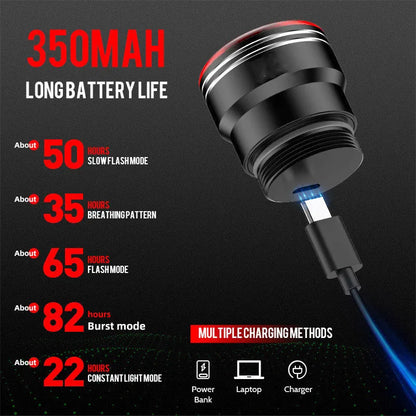 Black aluminium alloy bicycle taillight measuring 35x39x58mm with USB charging port and brake sensing technology