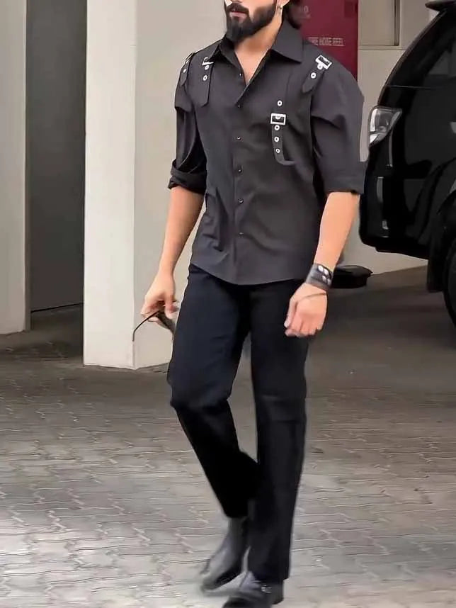 Men's black button-up shirt with four utility pockets, regular fit, and polyester fabric