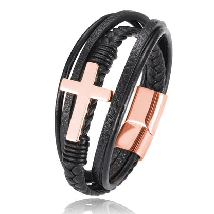 Men's braided stainless steel cross bracelet with elegant design, perfect for any occasion.