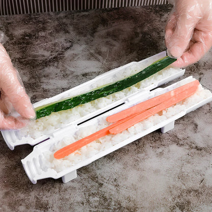Manual sushi maker tool creating 2.5cm diameter rolls with food-grade plastic construction