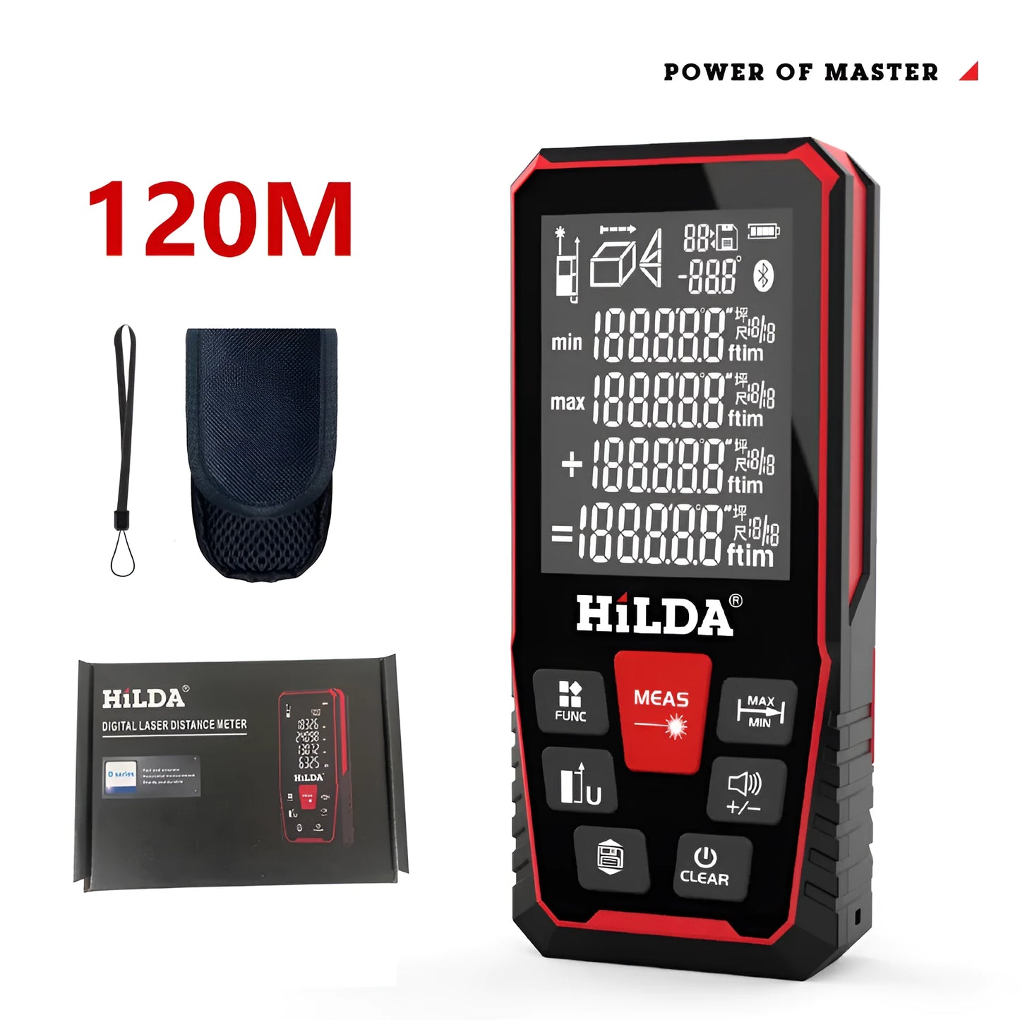 Handheld laser rangefinder measuring tool for distance calculation up to 100 or 120 metres