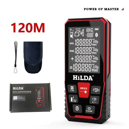 Handheld laser rangefinder measuring tool for distance calculation up to 100 or 120 metres