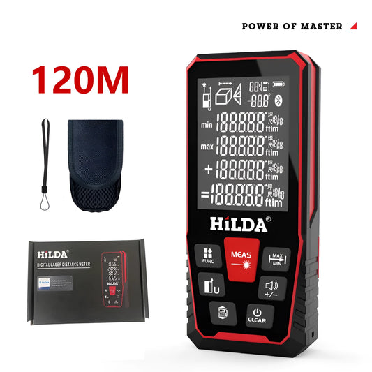 Handheld laser rangefinder measuring tool for distance calculation up to 100 or 120 metres