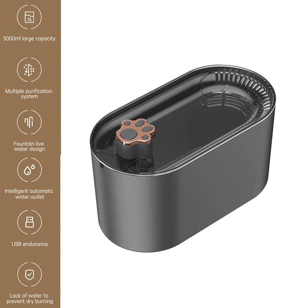 A stylish and quiet 3-liter pet water fountain with a triple-layer filtration system, low-water LED indicator, and whisper-quiet operation.