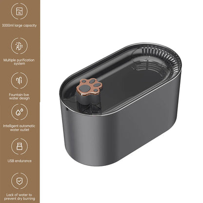 A stylish and quiet 3-liter pet water fountain with a triple-layer filtration system, low-water LED indicator, and whisper-quiet operation.