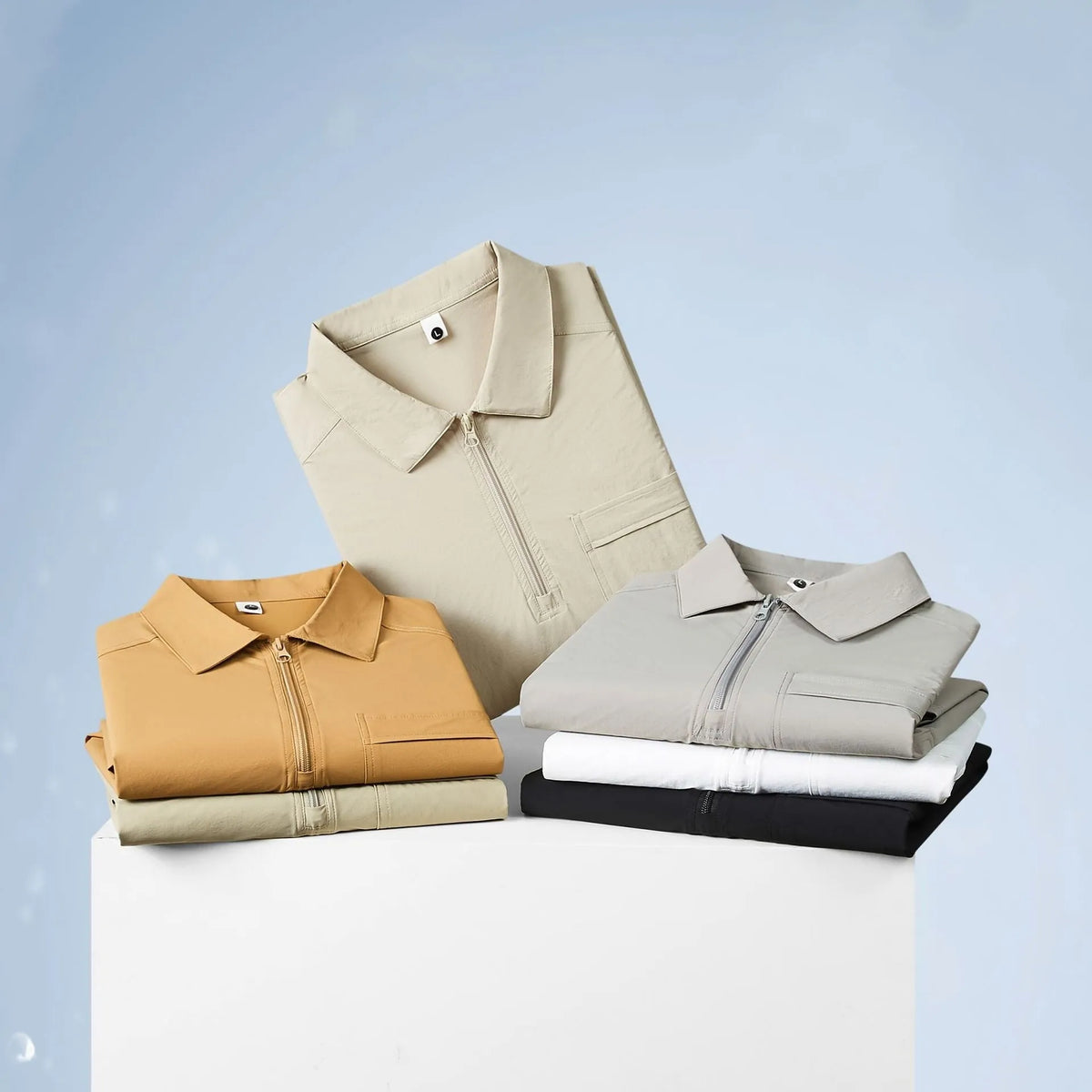 Short sleeve grey nylon work shirt with lapel zipper pockets and tooling culture design