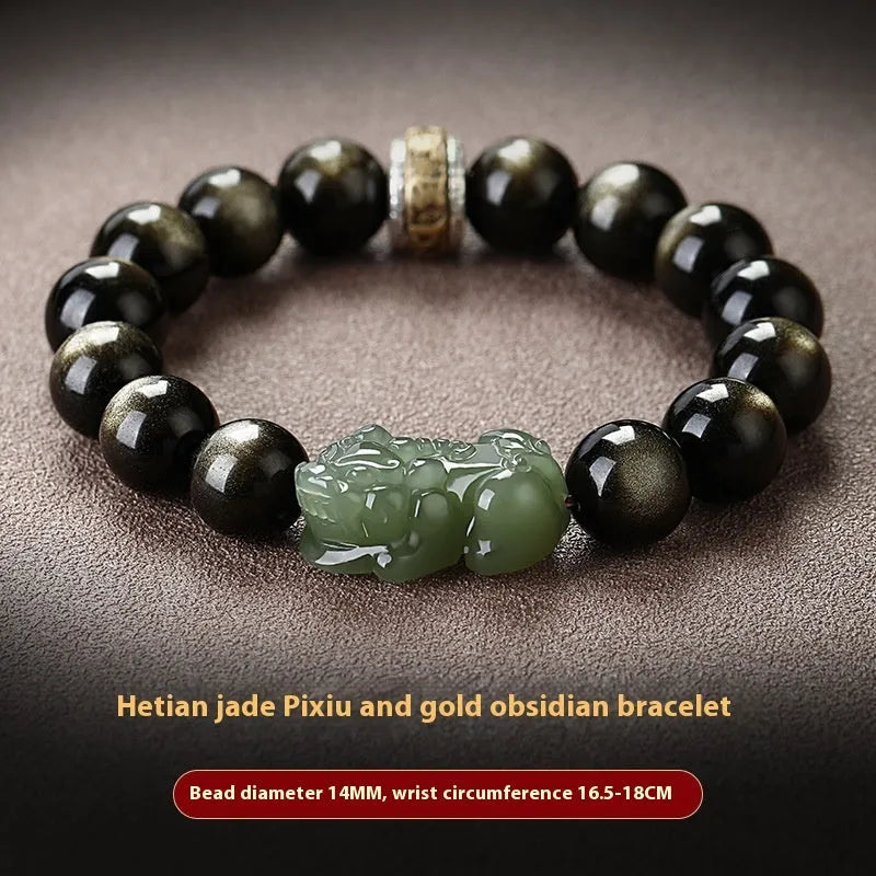 Rainbow eye obsidian beaded bracelet in gold obsidian and jade pi xiu colours.