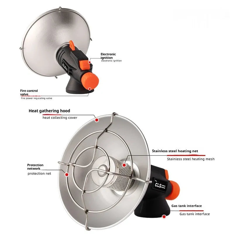 Black and orange portable outdoor heating stove with automatic press ignition for camping, weighing 215g