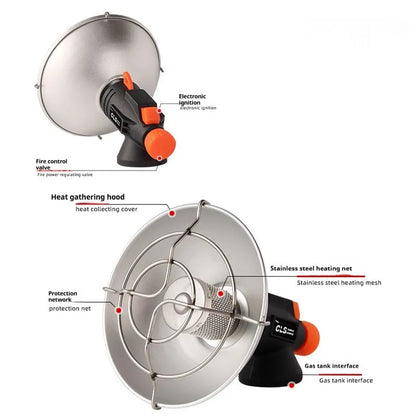 Black and orange portable outdoor heating stove with automatic press ignition for camping, weighing 215g