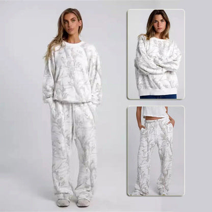 Camouflage and maple leaf print two-piece set for women featuring a hoodie and sweatpants in a variety of sizes