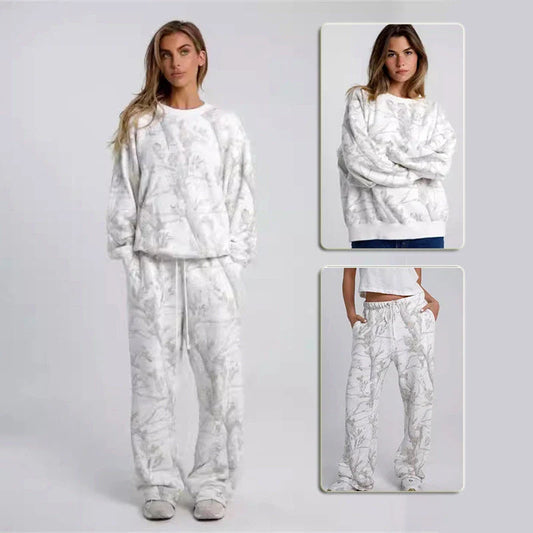Camouflage and maple leaf print two-piece set for women featuring a hoodie and sweatpants in a variety of sizes