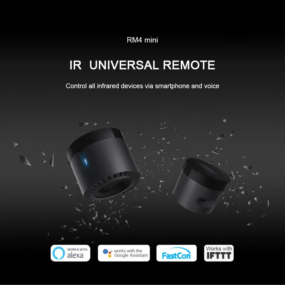 RM4 Mini black ABS plastic IR remote control hub with USB interface and BroadLink App compatibility