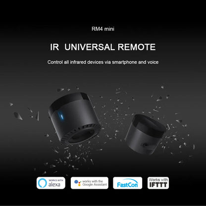 RM4 Mini black ABS plastic IR remote control hub with USB interface and BroadLink App compatibility