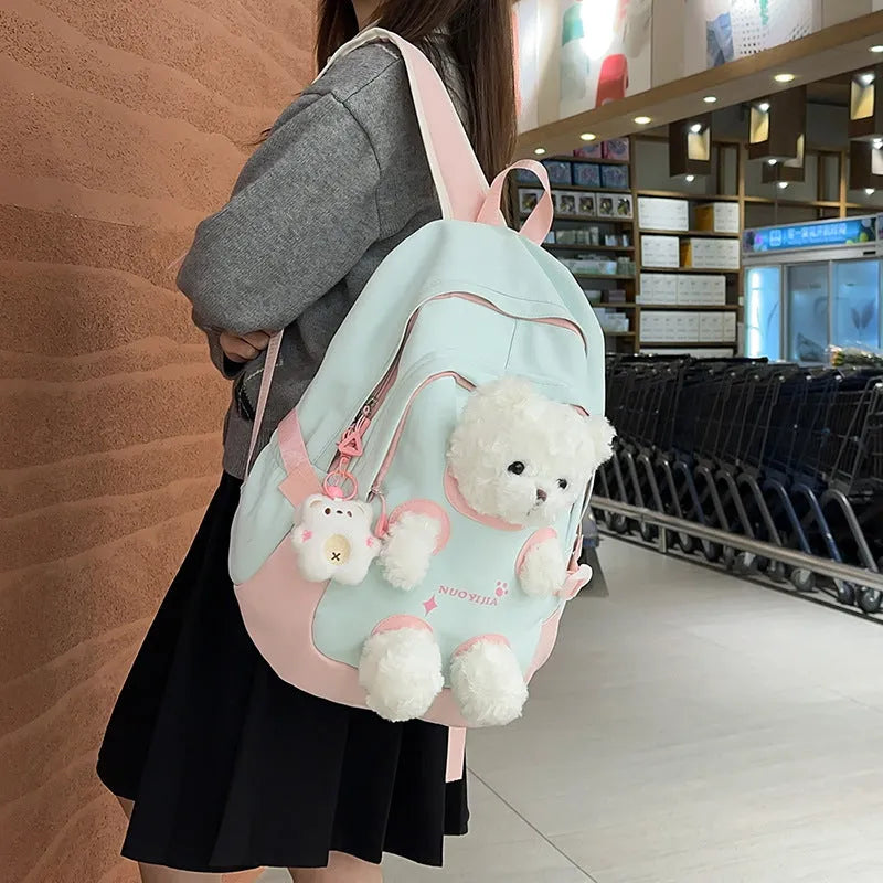 Literary style nylon school backpack in a macaron colour with curved shoulder straps