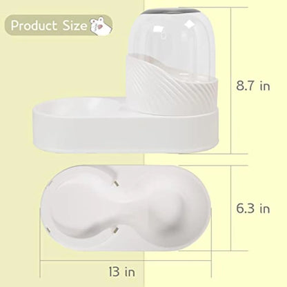 White gravity cat feeder and water dispenser set with wave-shaped design, showing disassembled components