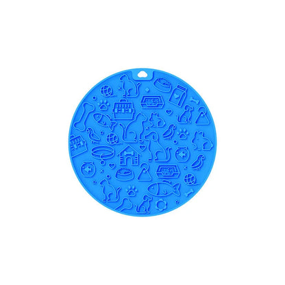 Round blue silicone pet licking mat with textured surface and suction base for slow feeding