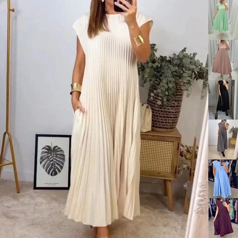 Women's summer long dress with pleated detail and round neck in various colors